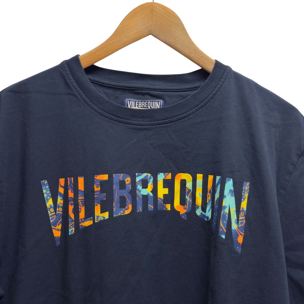 Vilebrequin Men's Size Large Navy Blue Spellout Logo Short Sleeve Cotton T-Shirt